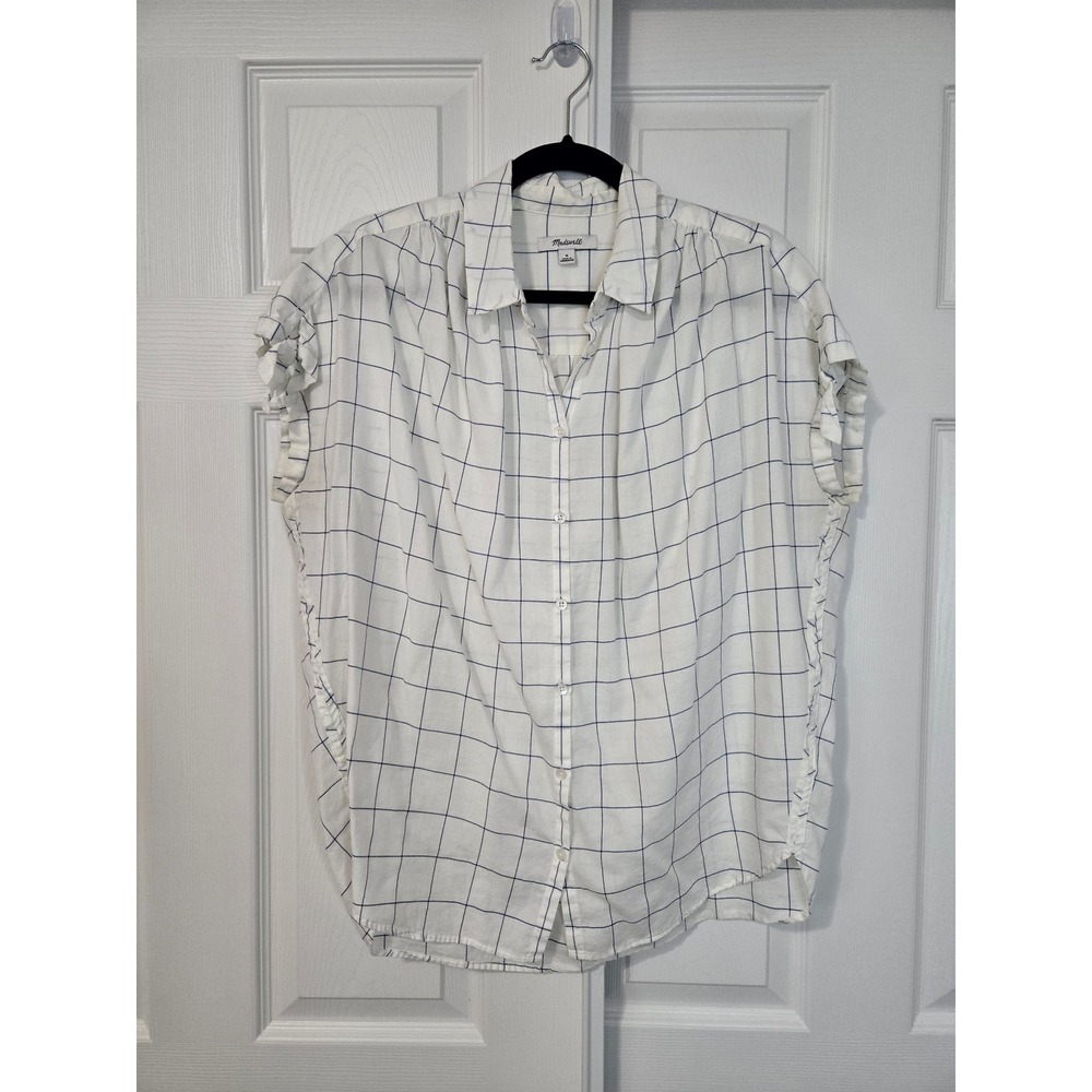 Madewell Womens White Blue Windowpane Check Side Tie Button Front Top H8286 M